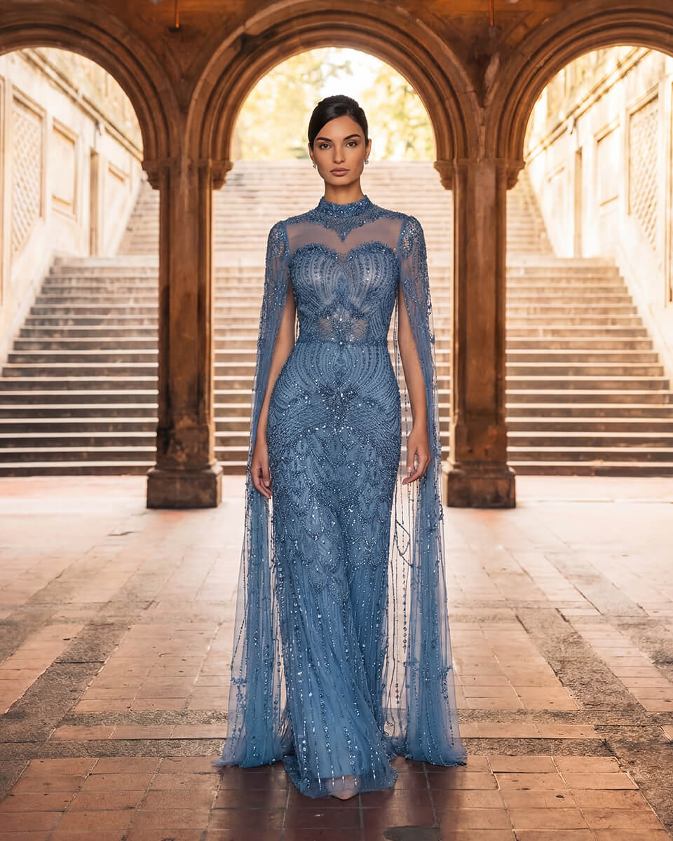 Celeste Beaded Cape Gown
